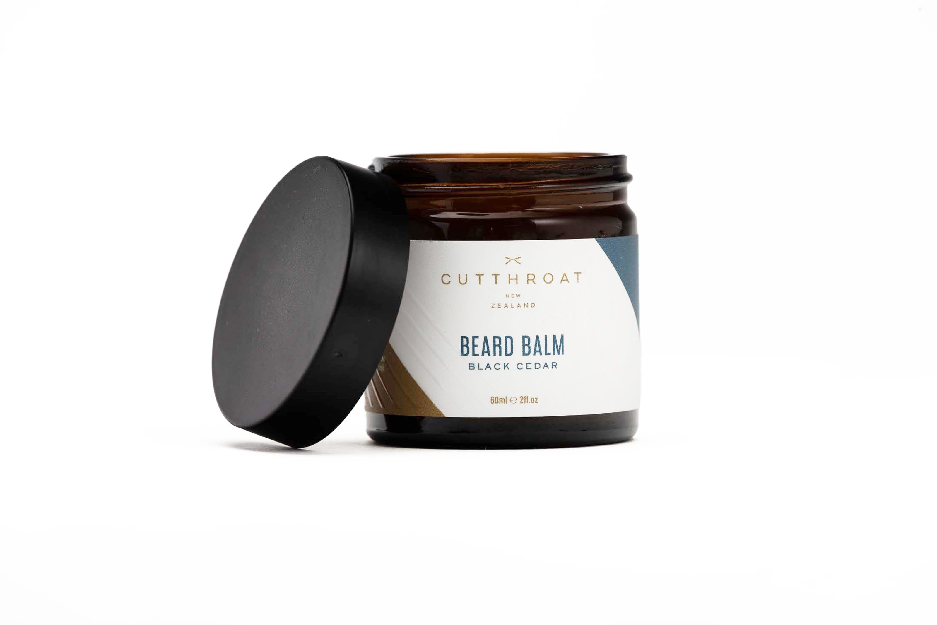black cedar beard balm lid off